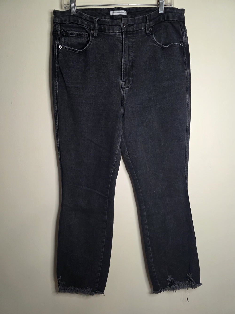 Good American Black Washed High-Rise Straight-Leg Jeans with Frayed Hem